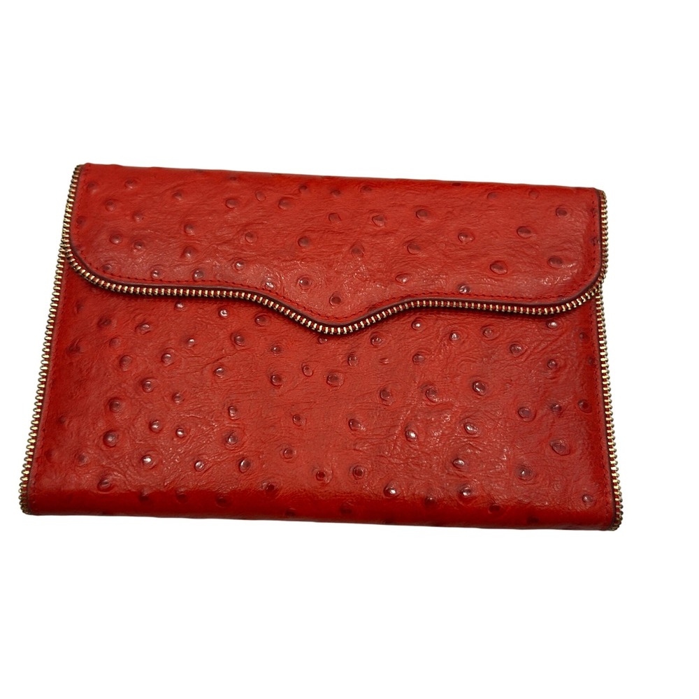 Rebecca Minkoff Red Ostrich Embossed Leather‎ Zip Around Clutch Wallet Organizer